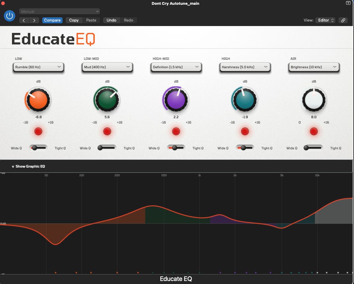 Educate EQ open inside a DAW session with the graphic EQ curve expanded
