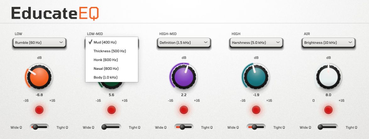 Educate EQ low-mid band dropdown showing Mud, Thickness, Honk, Nasal and Body frequency options